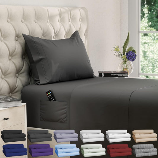 Twin Sheets - 3Pcs Cooling Sheets – up to 21” Extra Deep Pocket Twin Bed Sheets - Twin Sheet Set - Bed Sheets Twin - Soft & Long Lasting 100% Fine Brushed Polyester with Side Pocket - Gray